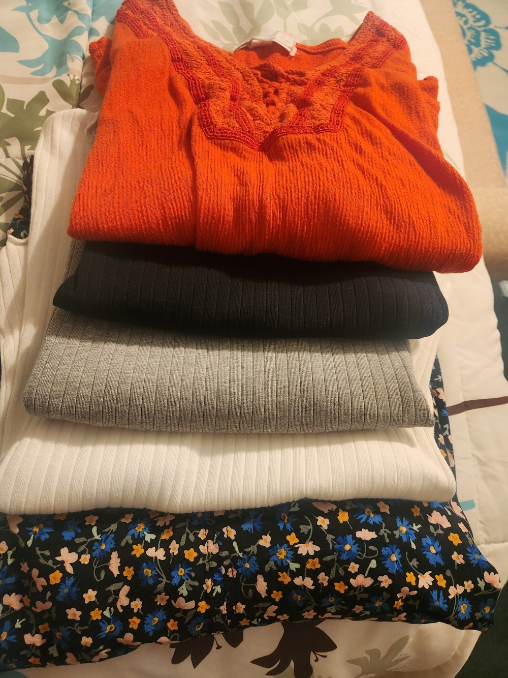 Stacked Women's Knit Tops Featuring Bright Orange Crochet Accent M